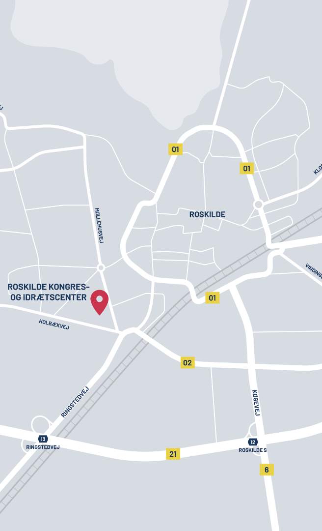 Kort over Roskilde med placeringen af Roskilde Kongres- og Idrætscenter markeret.