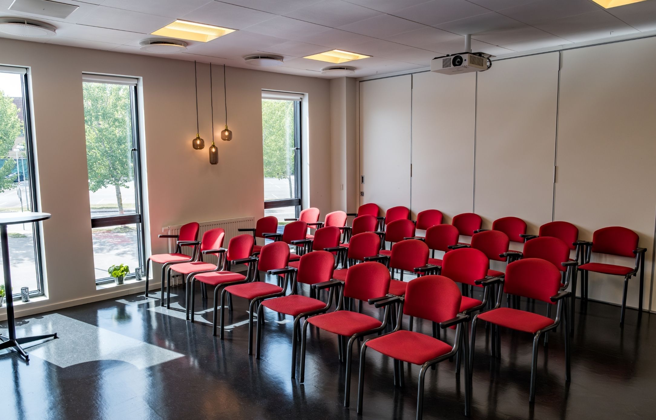 Lovise indrettet med røde konferencestole i biografopstilling og projektor til præsentationer og oplæg