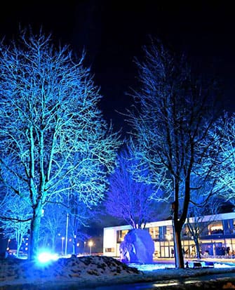 Oplyste træer og sne foran Roskilde Kongrescenter en vinteraften. Stemningsfuld vinterbelysning ved konferencecenteret i Roskilde efter mørkets frembrud.